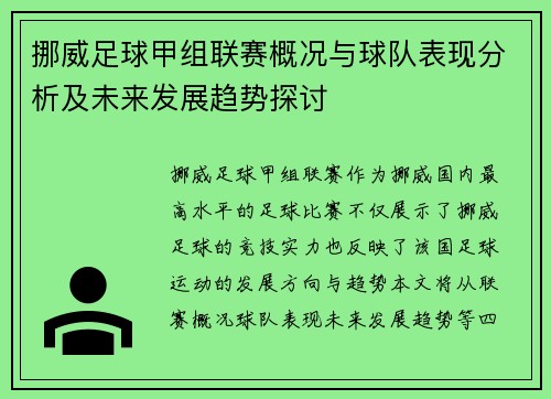 挪威足球甲组联赛概况与球队表现分析及未来发展趋势探讨