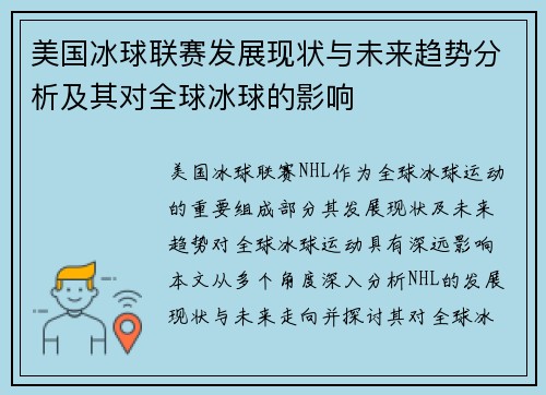 美国冰球联赛发展现状与未来趋势分析及其对全球冰球的影响